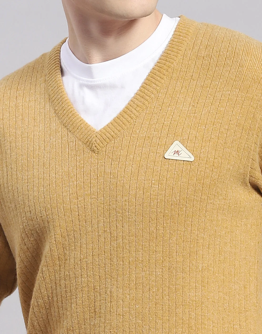 Men Camel Brown Solid V Neck Full Sleeve Pullover