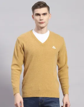 Men Camel Brown Solid V Neck Full Sleeve Pullover