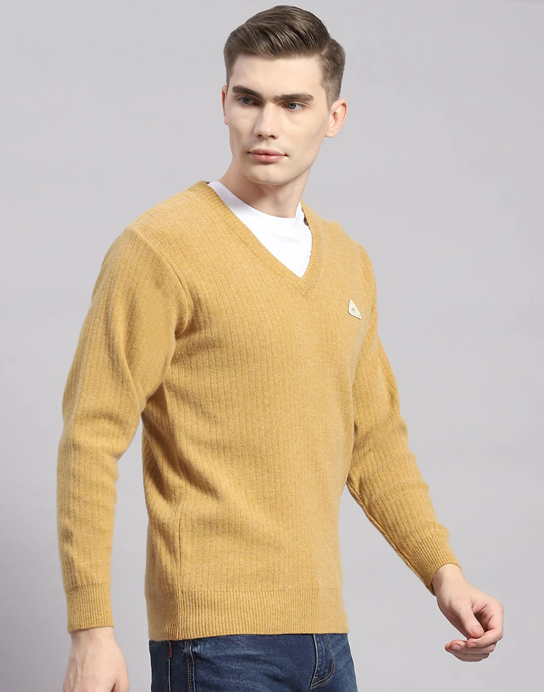 Men Camel Brown Solid V Neck Full Sleeve Pullover