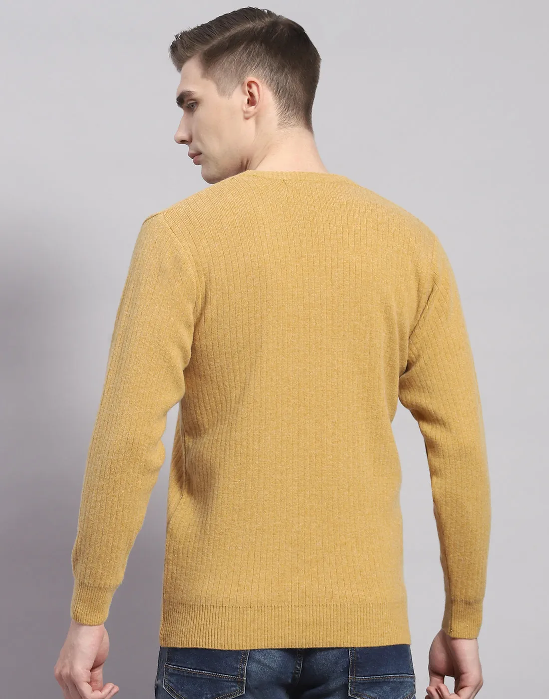 Men Camel Brown Solid V Neck Full Sleeve Pullover