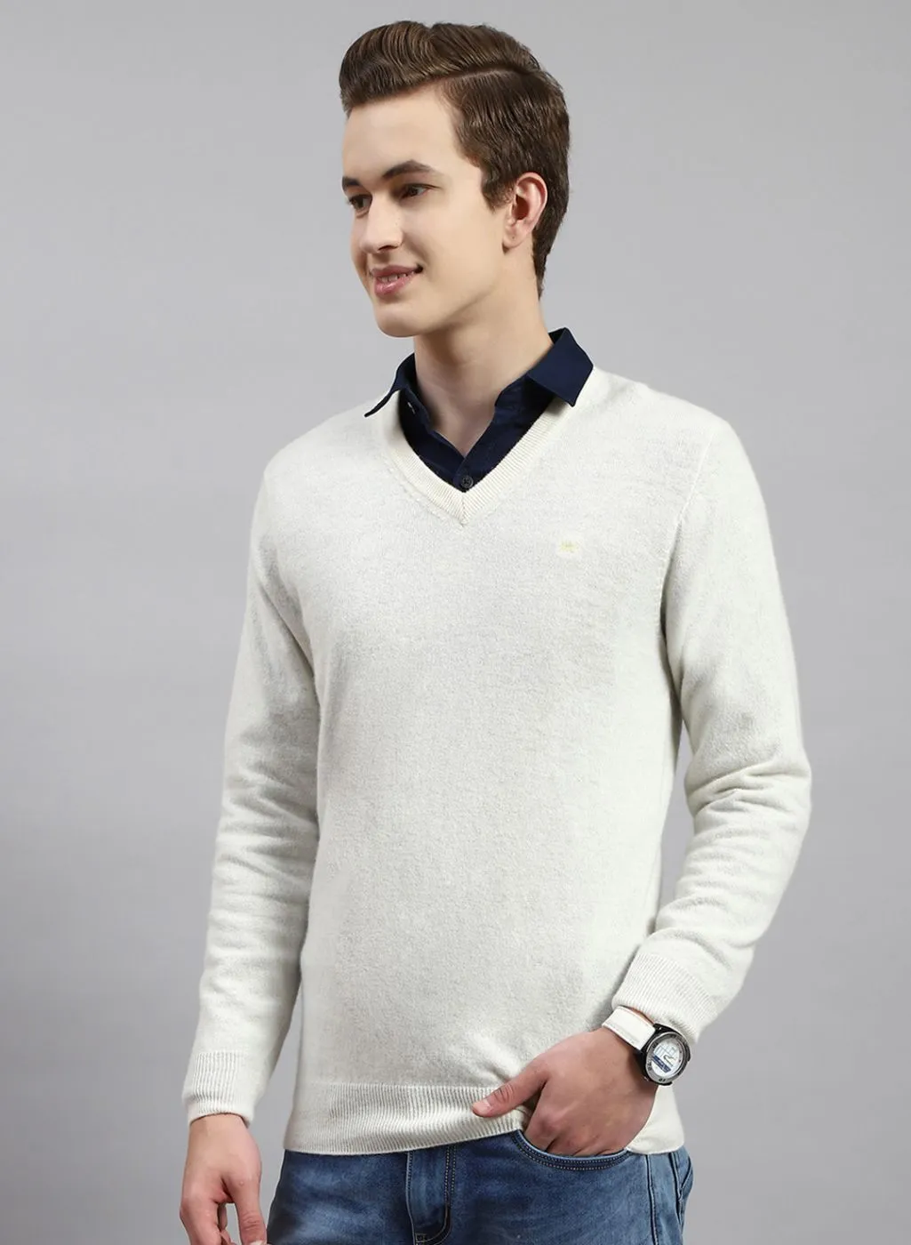 Men Off White Solid Lamb wool Pullover