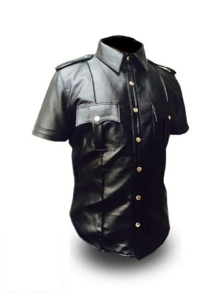 Mens Black Cow Leather Police Uniform Style Shirt - (PSHS-BLK)