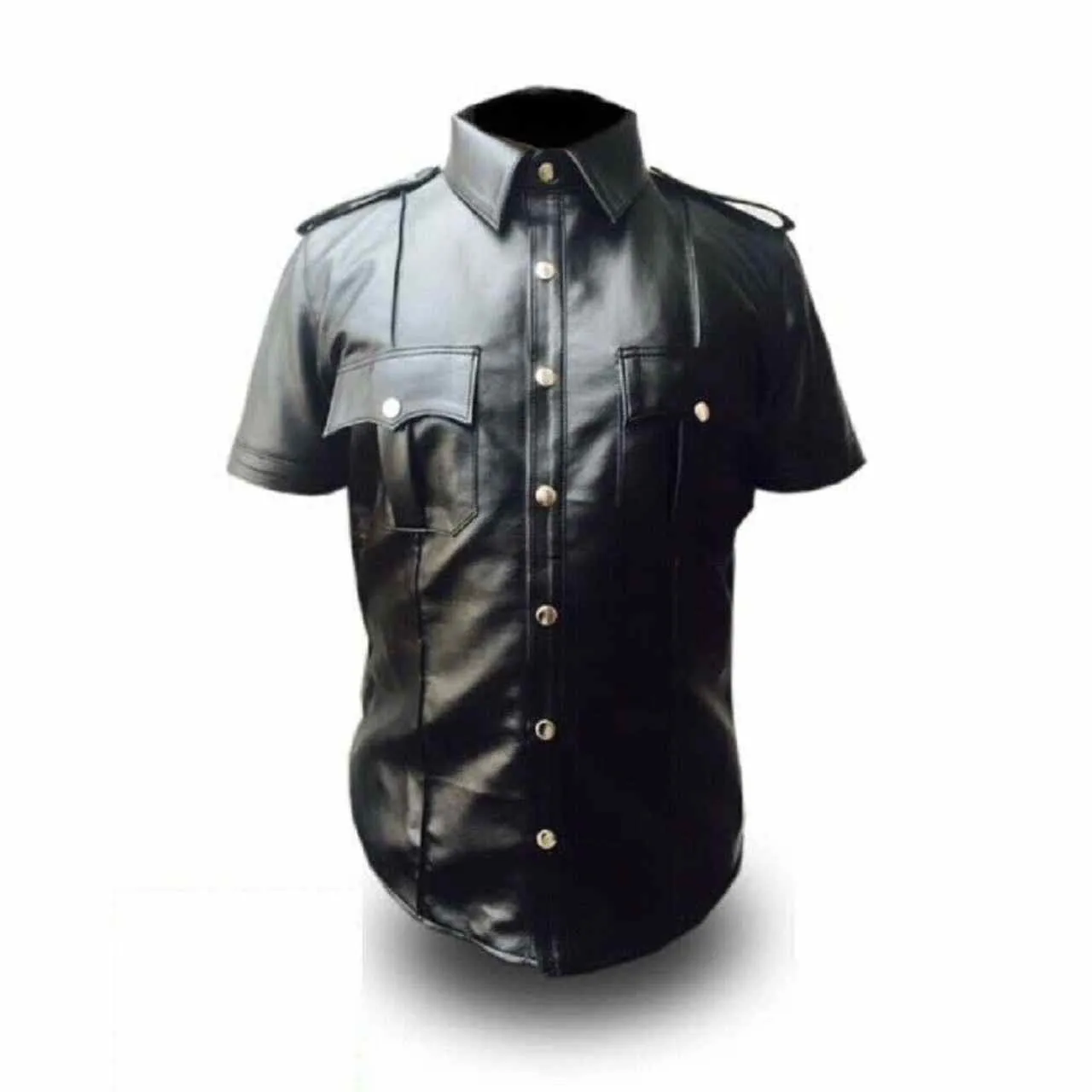 Mens Black Cow Leather Police Uniform Style Shirt - (PSHS-BLK)
