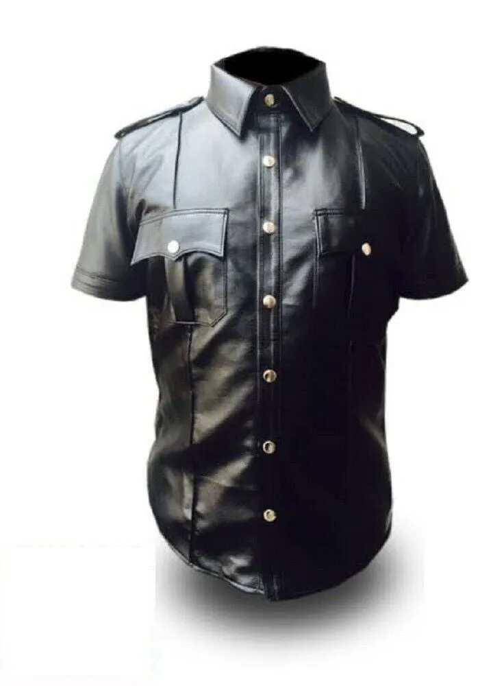 Mens Black Cow Leather Police Uniform Style Shirt - (PSHS-BLK)