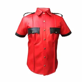 Men's Police Uniform Style Cow Red Leather Shirt– (PSHS-RED-BLK)
