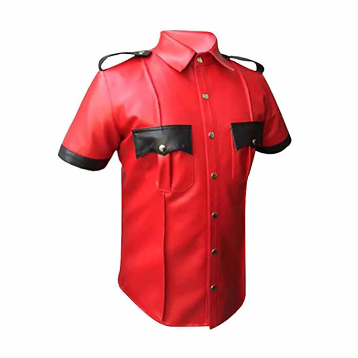 Men's Police Uniform Style Cow Red Leather Shirt– (PSHS-RED-BLK)