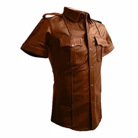 Mens Police Uniform Style Shirt Brown Genuine Leather - Pshs-Brw