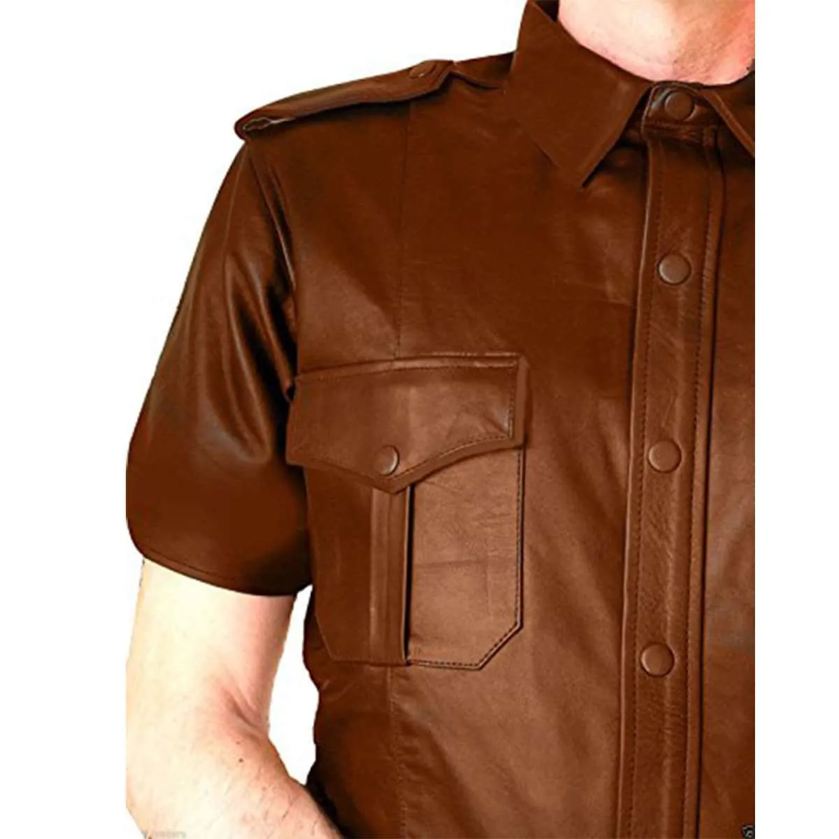 Mens Police Uniform Style Shirt Brown Genuine Leather - Pshs-Brw