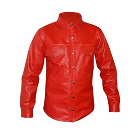 Men's Red Leather Shirt Police Uniform Style Genuine Sheep or Cow Leather - (PSF-RED)