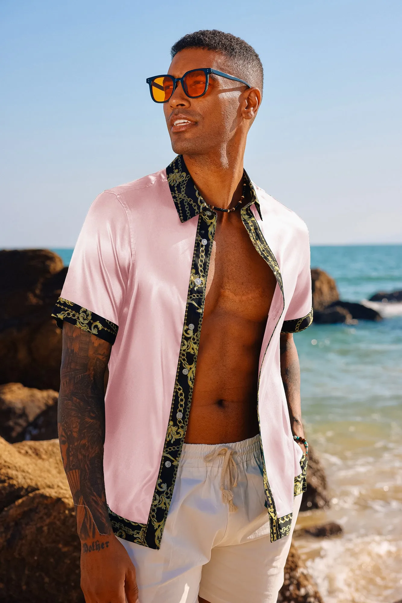 Mens Silk Satin Shirt Luxury Printed Button Down Hawaiian Shirts