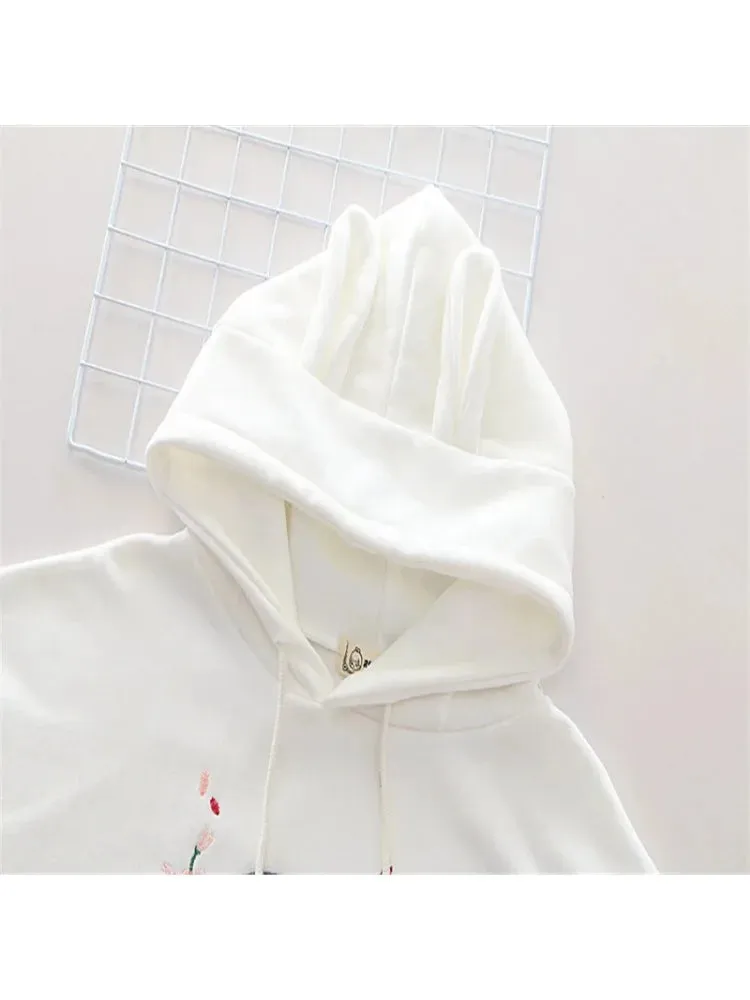 Metaversmall Women Floral Embroidery Pink Hooded Sweatshirts 2020 Winter Flare Sleeve Plus Velvet Thick Hoodies Sweet Pullovers