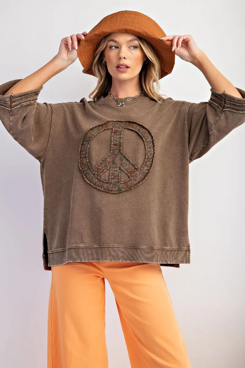 Mineral Wash Terry Floral Peace Sign Pullover