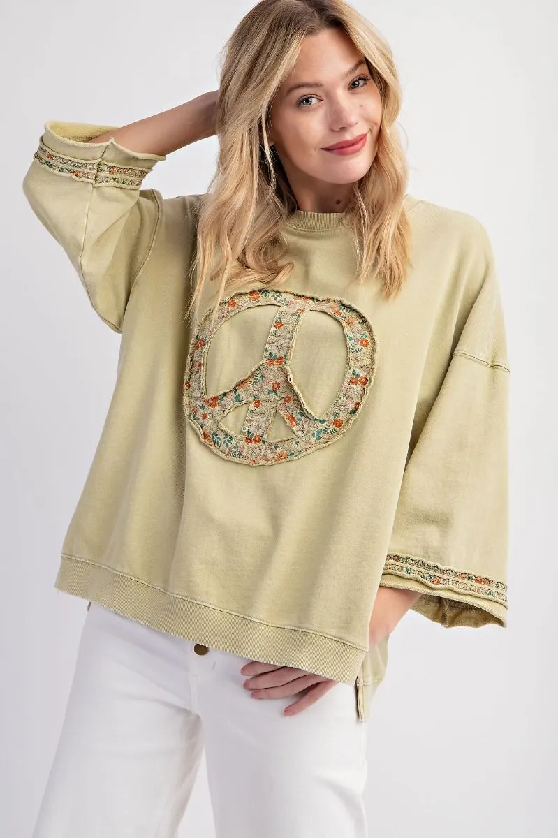 Mineral Wash Terry Floral Peace Sign Pullover