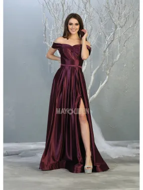 MQ 1781 - Off the Shoulder Satin A-Line Prom Gown with Pleated Skirt & Leg Slit