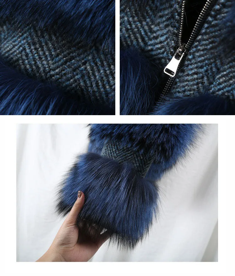 Natural Raccoon Fur Collar Woolen Coat