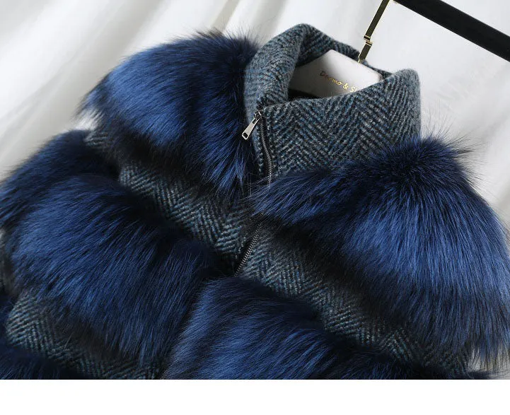 Natural Raccoon Fur Collar Woolen Coat