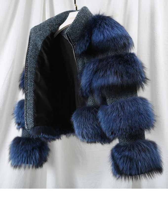 Natural Raccoon Fur Collar Woolen Coat