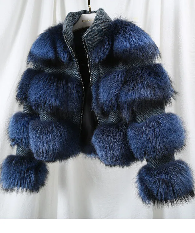 Natural Raccoon Fur Collar Woolen Coat