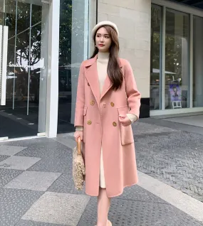 Pink Double Breasted Wool Blend Long Coat