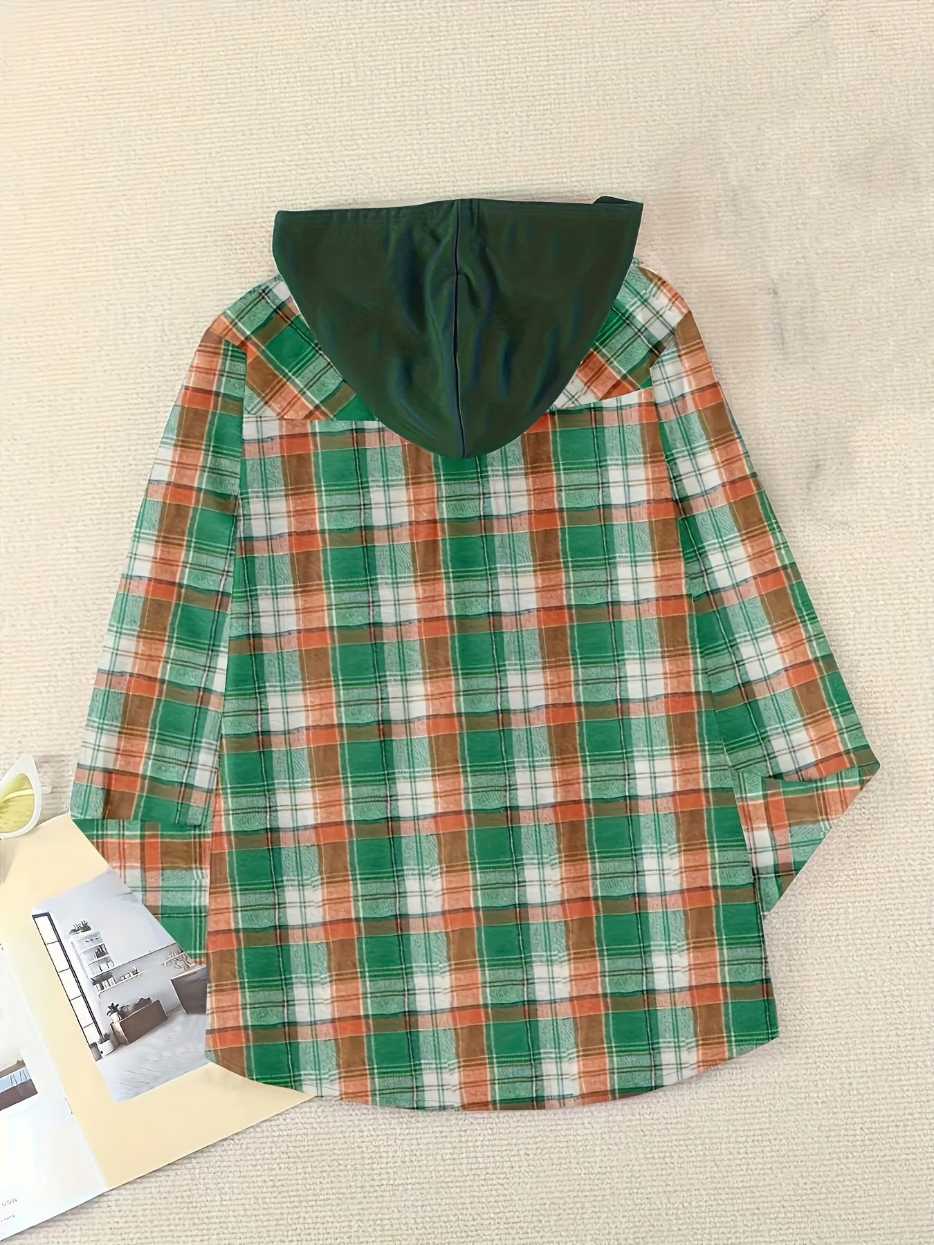 Plaid Hoodie Stylish Womens Casual Shirt with Drawstring