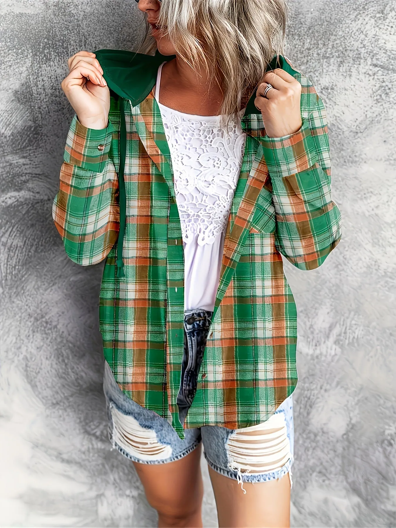 Plaid Hoodie Stylish Womens Casual Shirt with Drawstring
