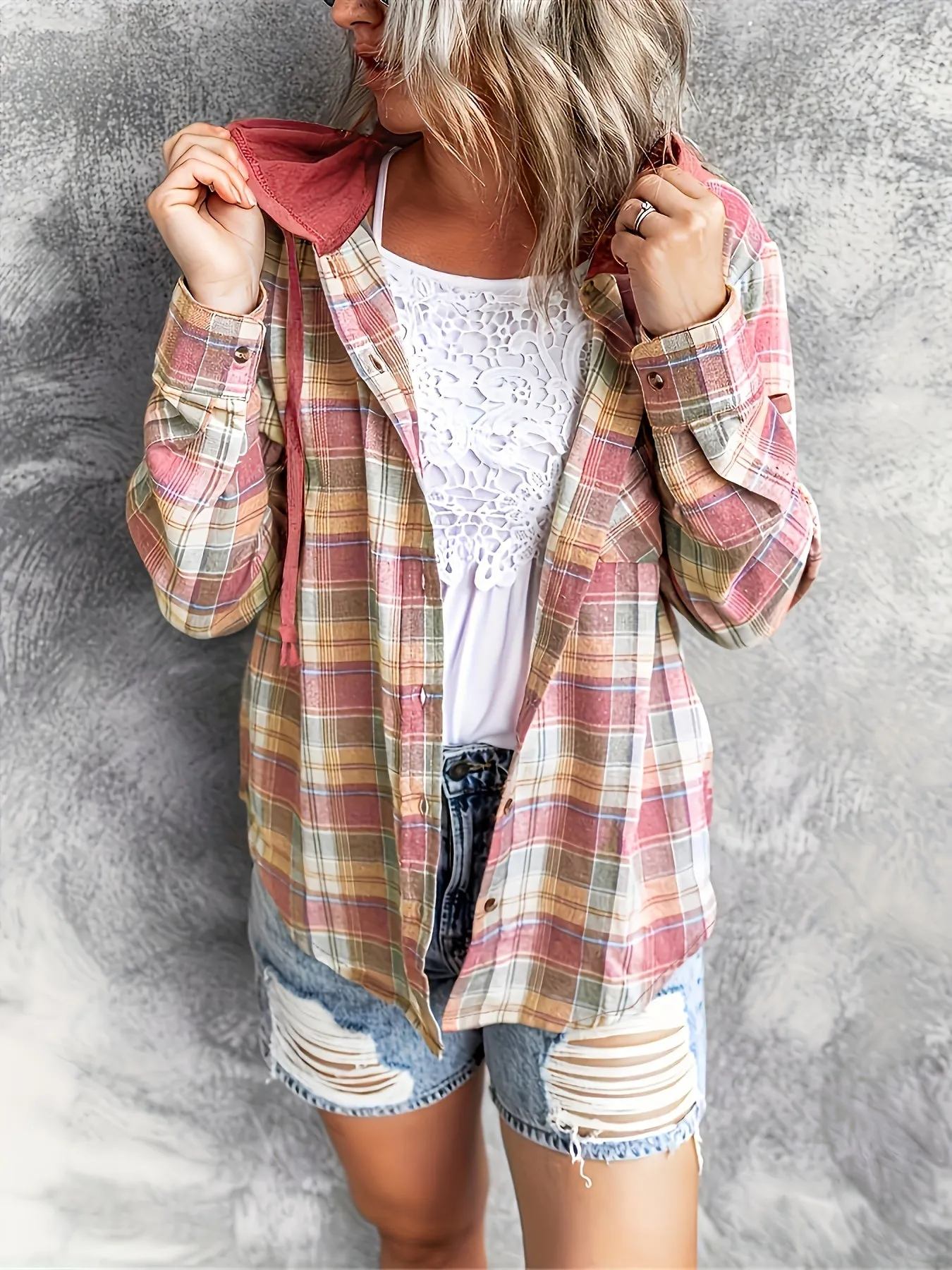 Plaid Hoodie Stylish Womens Casual Shirt with Drawstring
