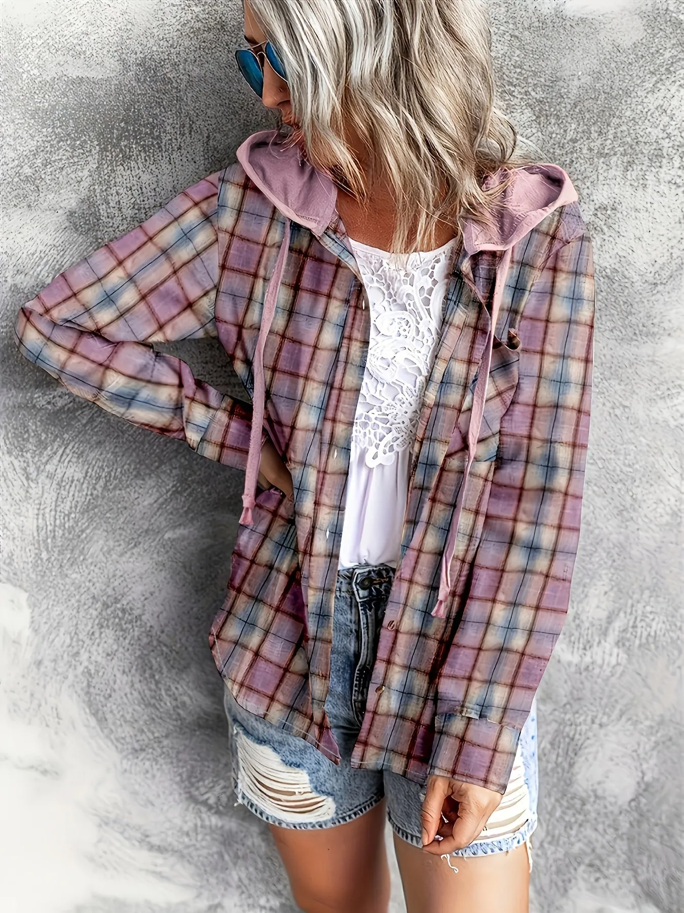 Plaid Hoodie Stylish Womens Casual Shirt with Drawstring