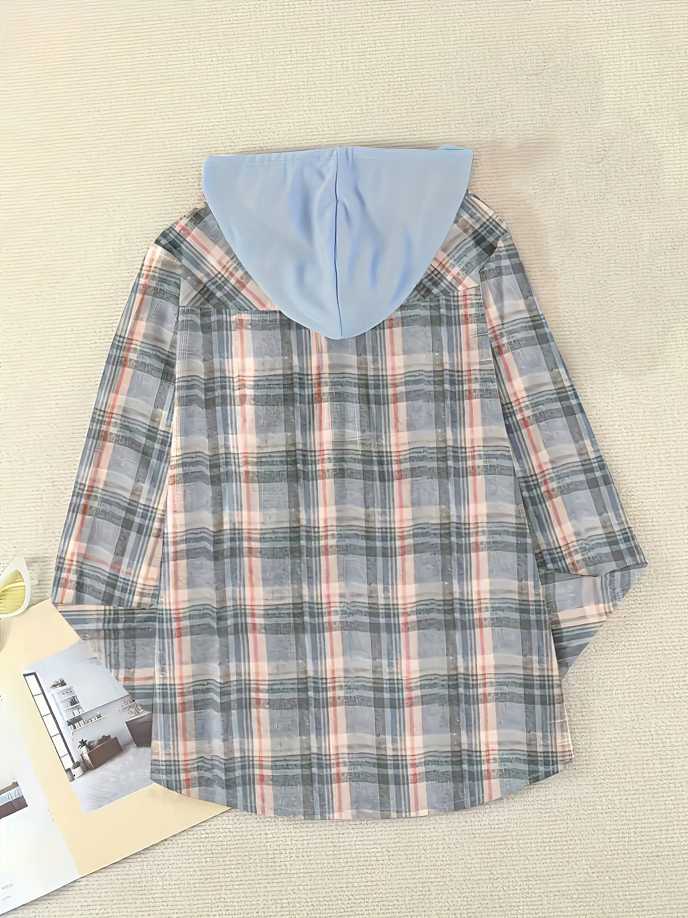 Plaid Hoodie Stylish Womens Casual Shirt with Drawstring