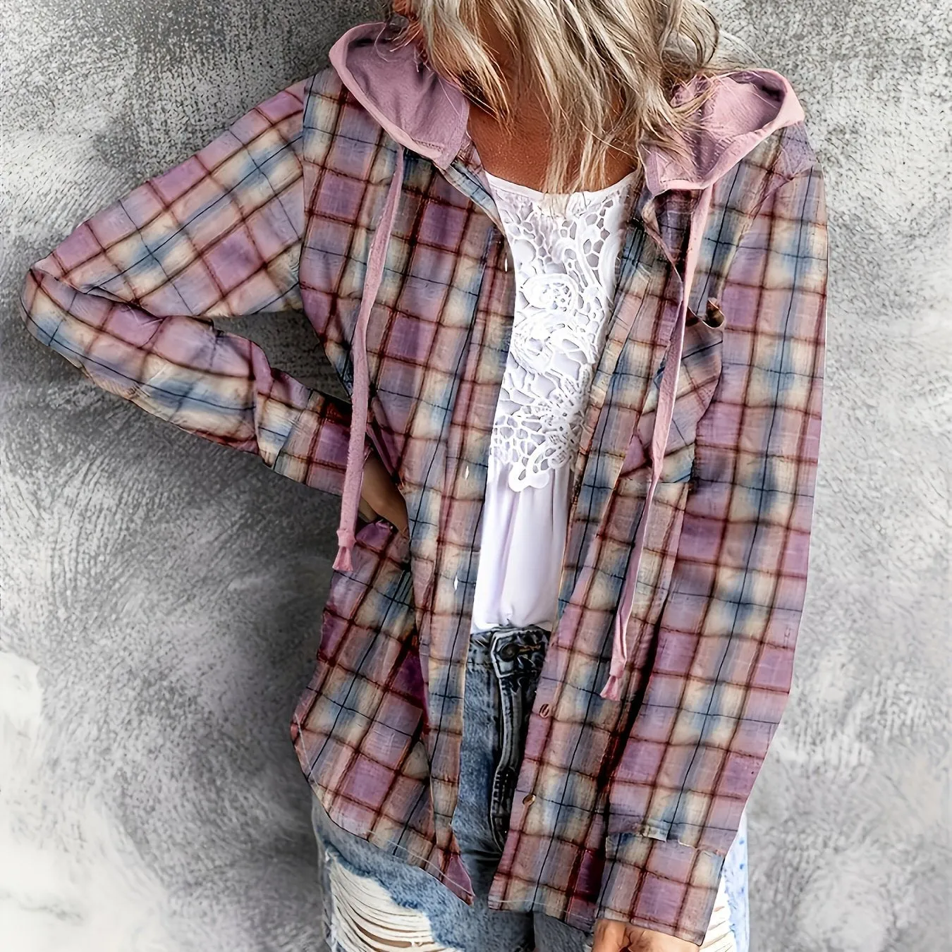 Plaid Hoodie Stylish Womens Casual Shirt with Drawstring