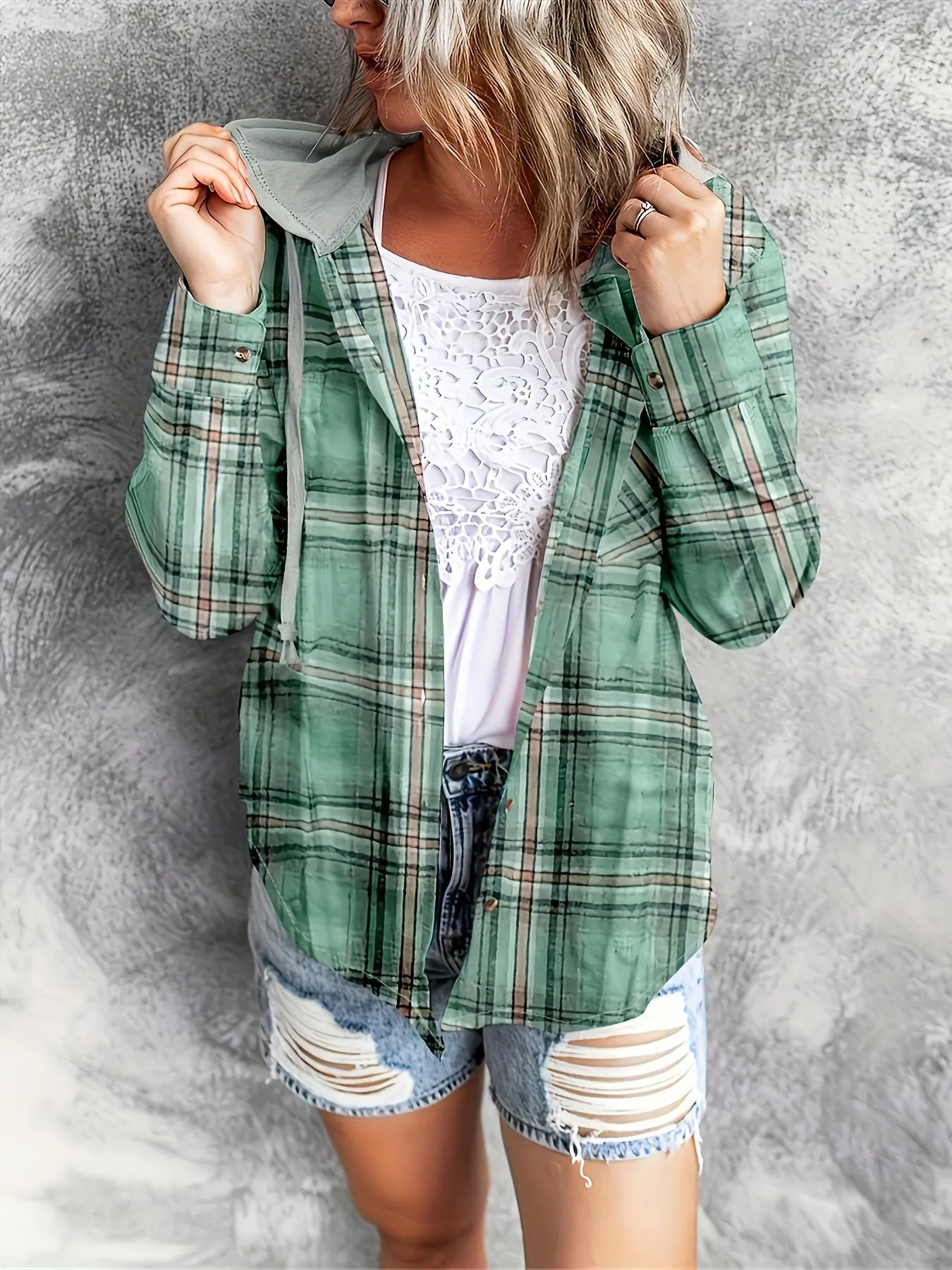 Plaid Hoodie Stylish Womens Casual Shirt with Drawstring