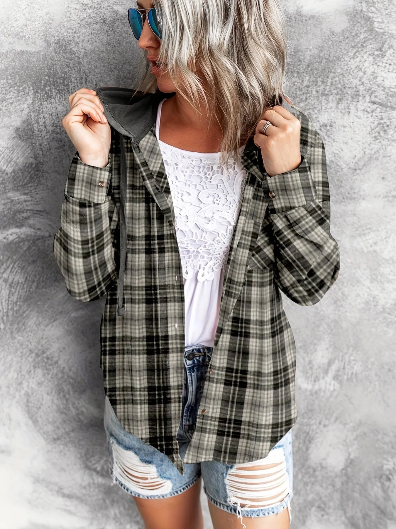 Plaid Hoodie Stylish Womens Casual Shirt with Drawstring