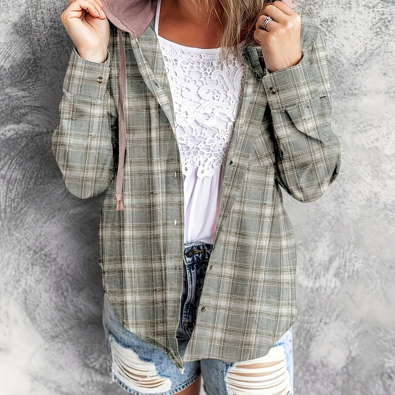 Plaid Hoodie Stylish Womens Casual Shirt with Drawstring