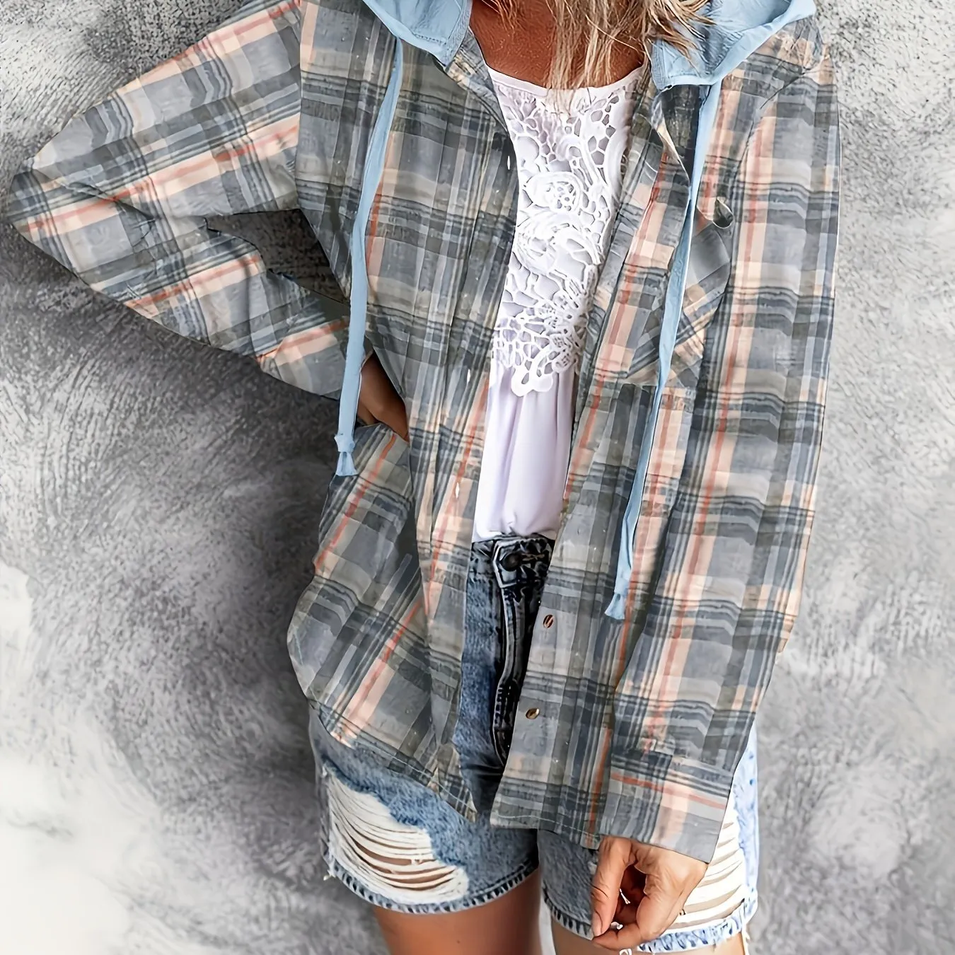 Plaid Hoodie Stylish Womens Casual Shirt with Drawstring