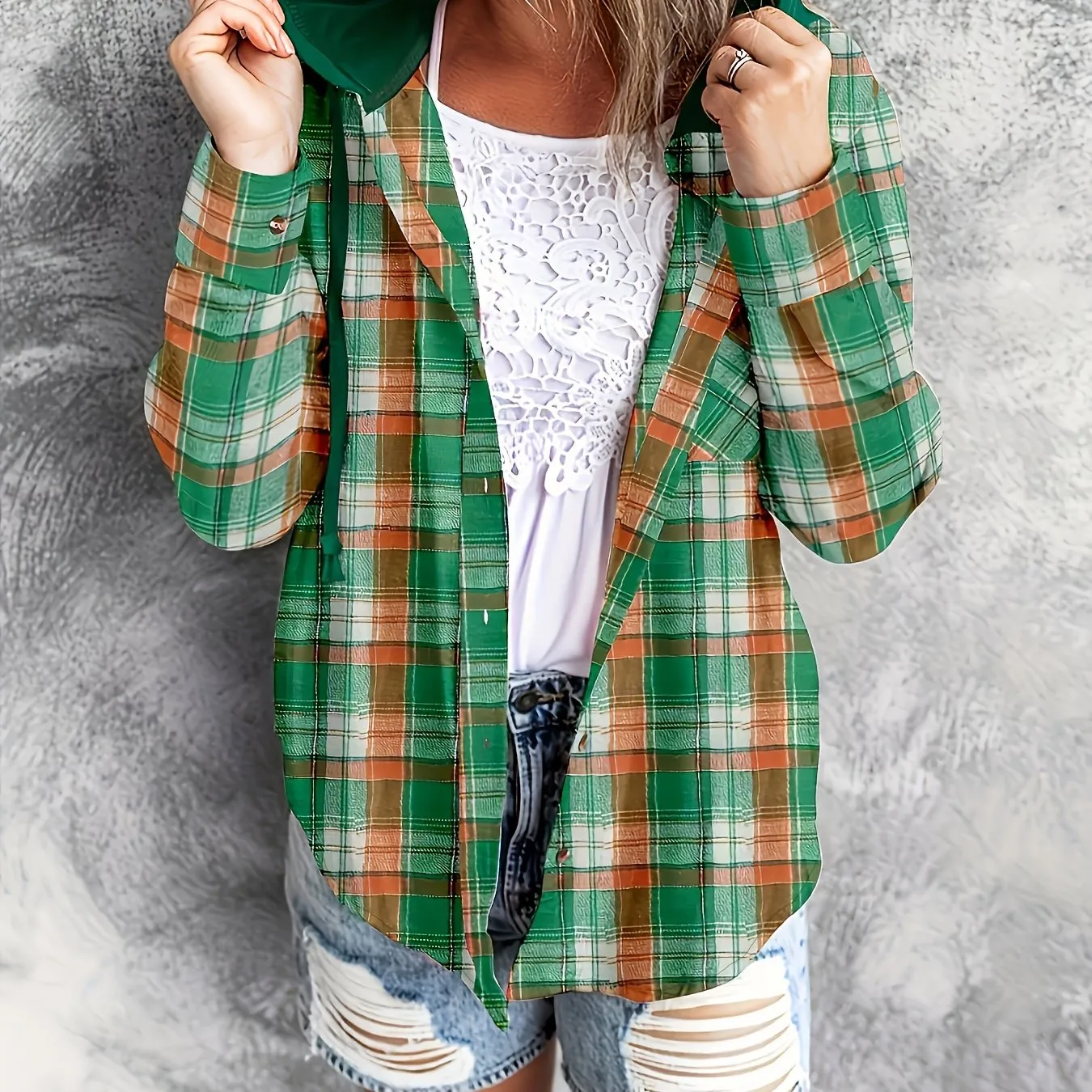 Plaid Hoodie Stylish Womens Casual Shirt with Drawstring