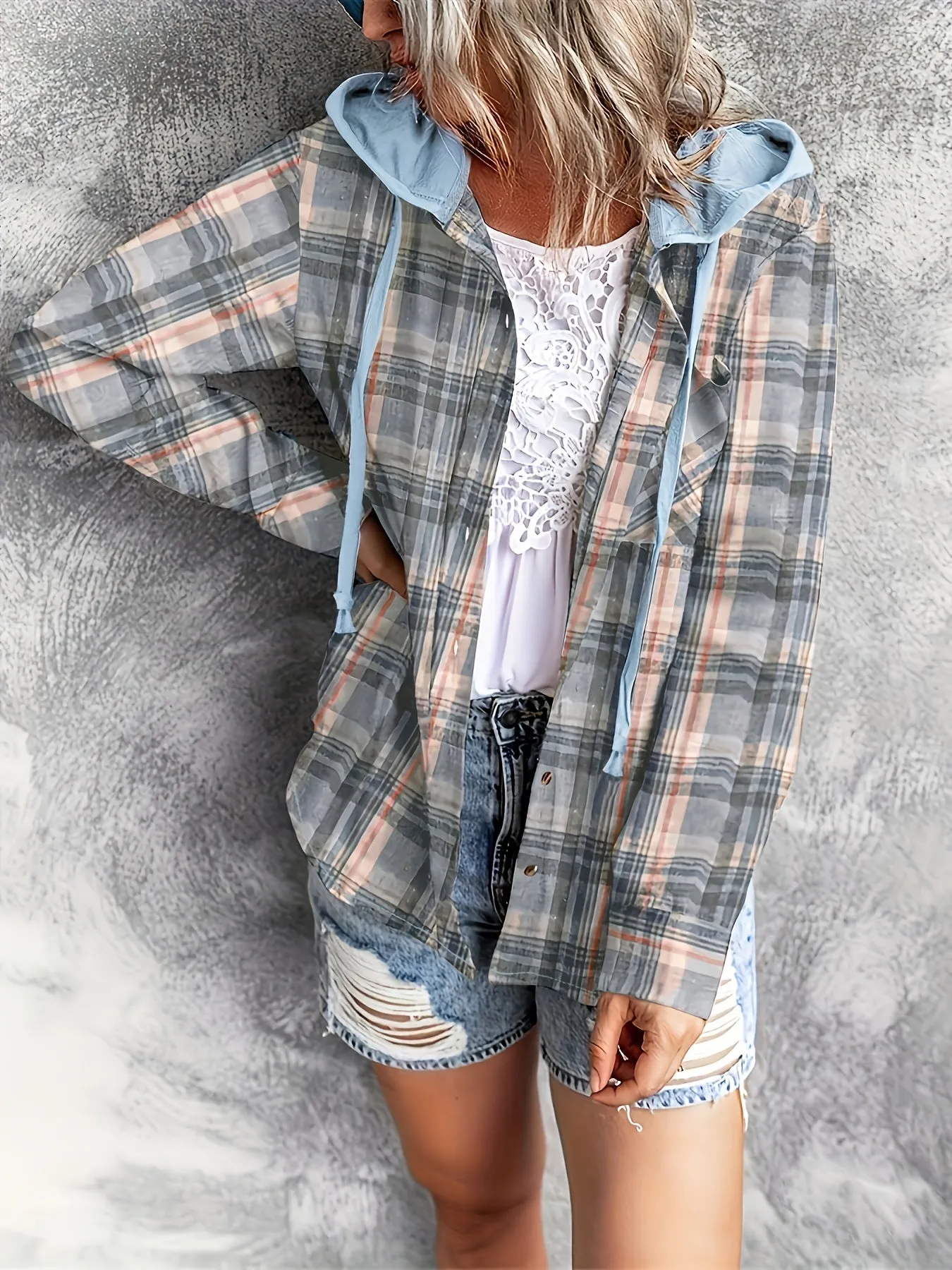 Plaid Hoodie Stylish Womens Casual Shirt with Drawstring