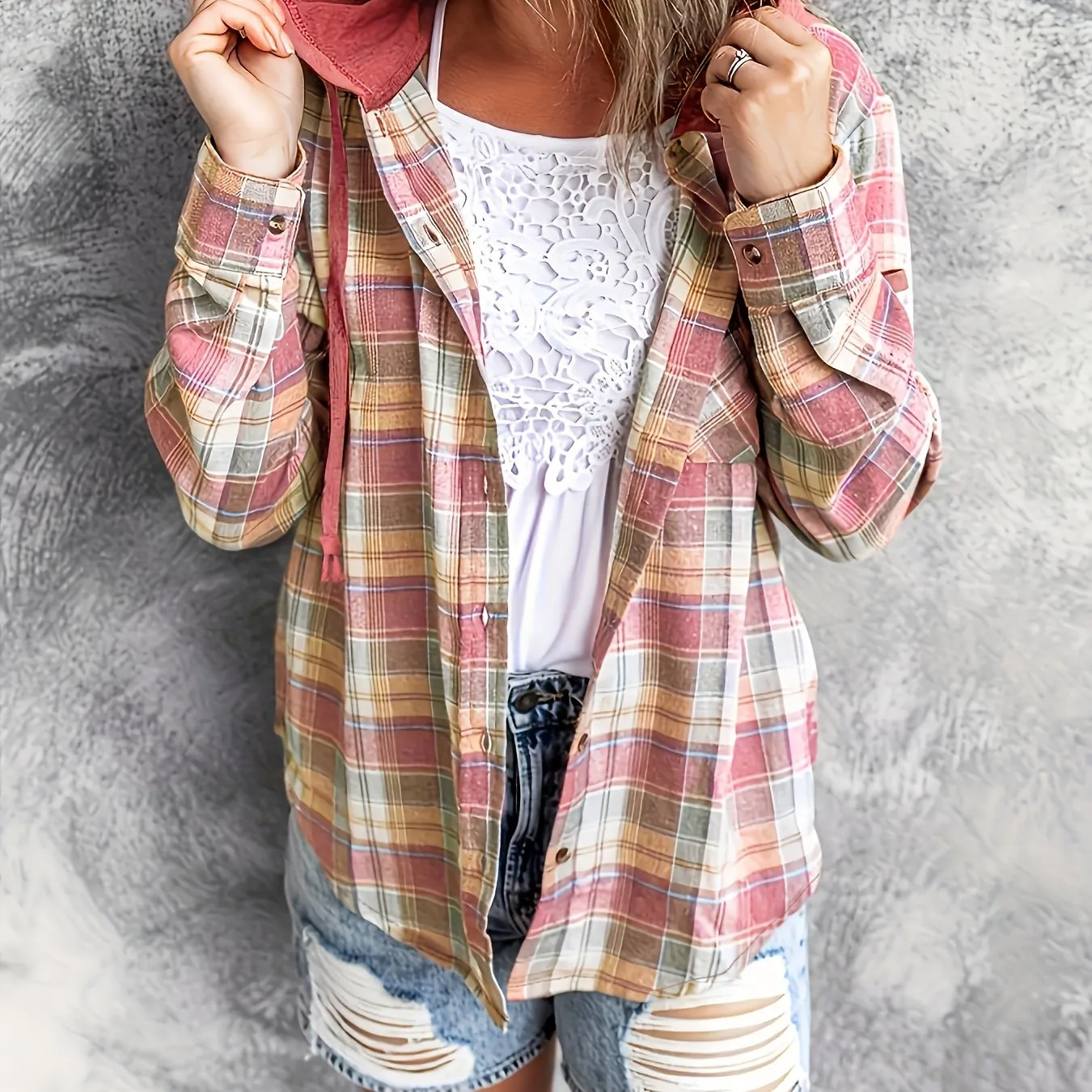 Plaid Hoodie Stylish Womens Casual Shirt with Drawstring