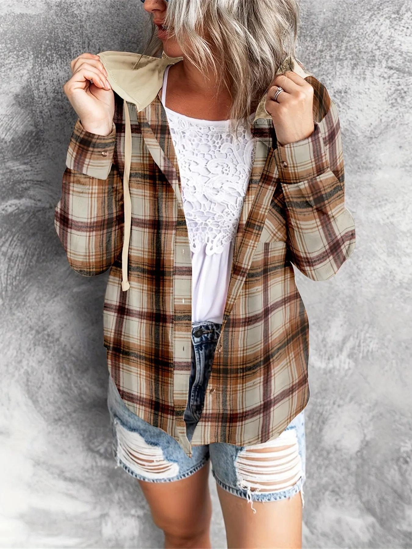 Plaid Hoodie Stylish Womens Casual Shirt with Drawstring