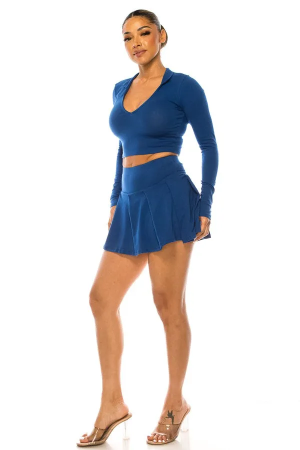 Pleated Skirt Set with Long Sleeve Top