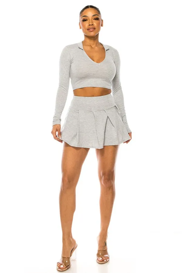 Pleated Skirt Set with Long Sleeve Top