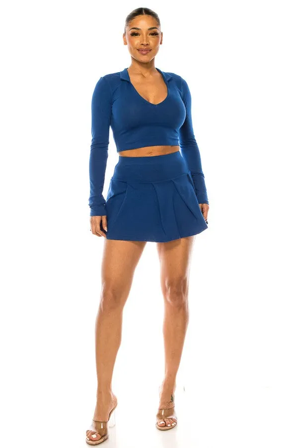 Pleated Skirt Set with Long Sleeve Top