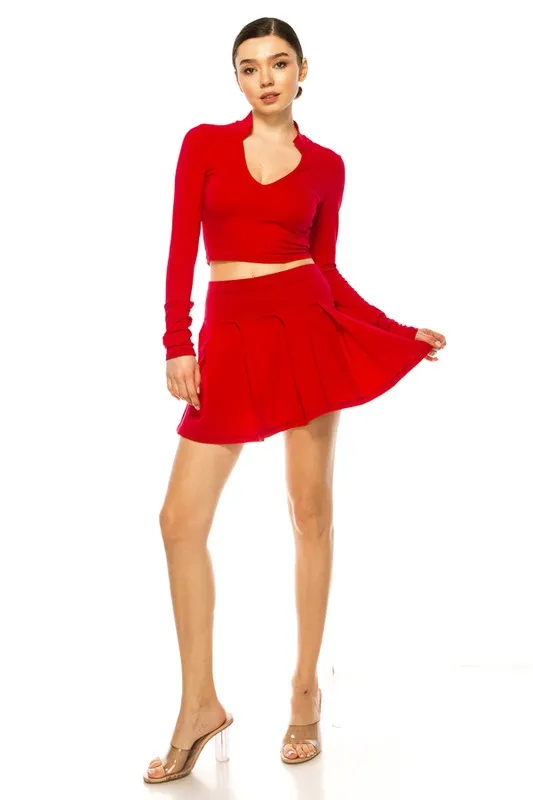 Pleated Skirt Set with Long Sleeve Top