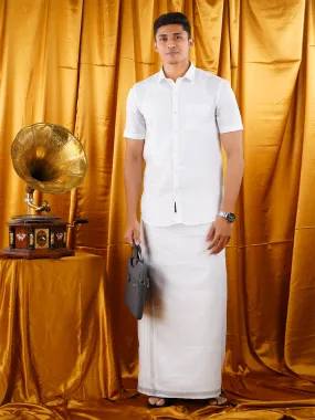 Premium Pure Linen Shirt Half Sleeves with Silver Jari Dhoti Combo