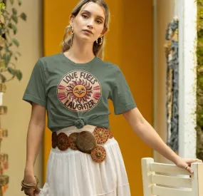 Retro Sun Smile Graphic Tee, Love Fuels Laughter Shirt, Unisex Vintage-Inspired T-Shirt Design