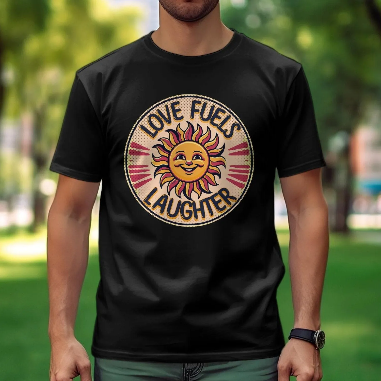Retro Sun Smile Graphic Tee, Love Fuels Laughter Shirt, Unisex Vintage-Inspired T-Shirt Design