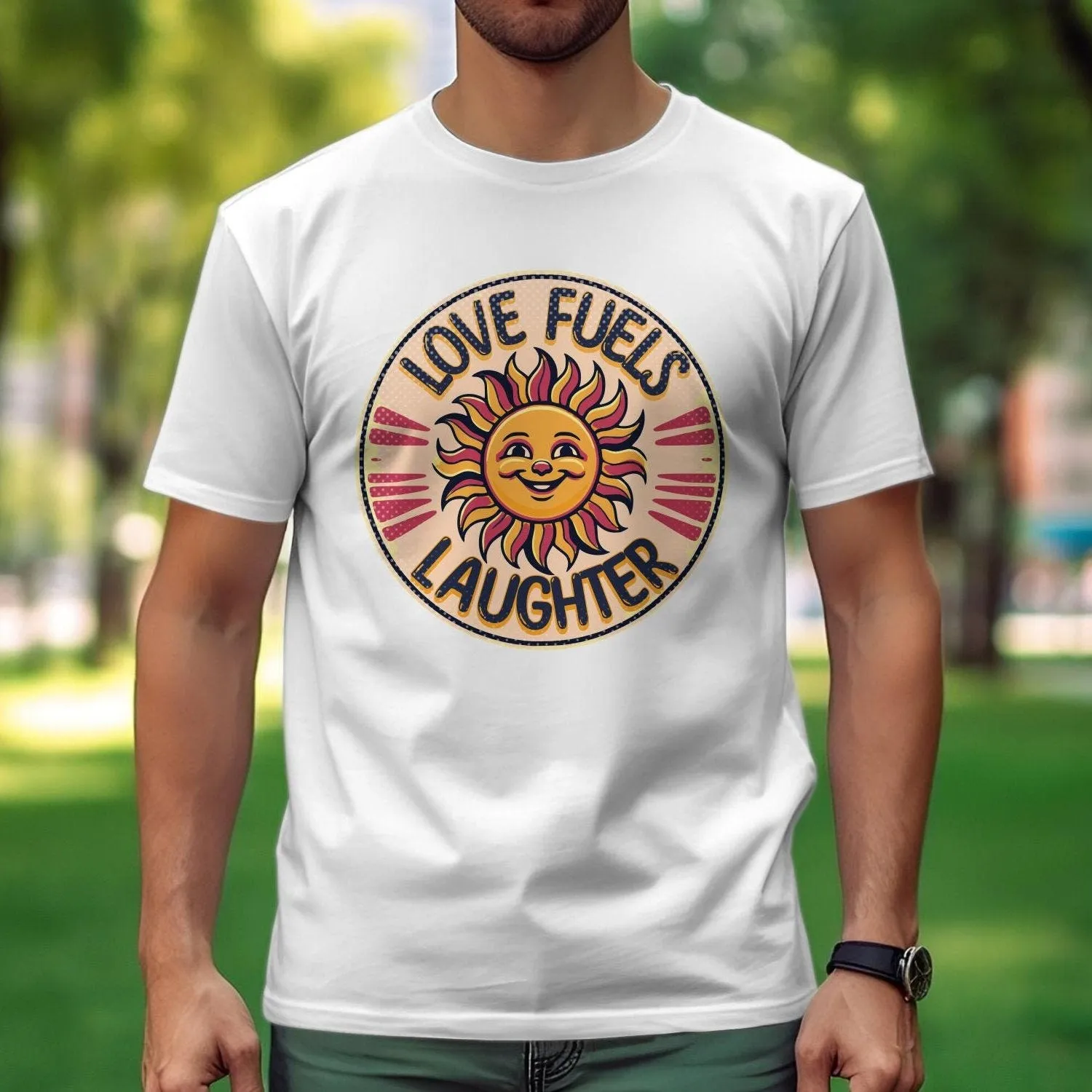 Retro Sun Smile Graphic Tee, Love Fuels Laughter Shirt, Unisex Vintage-Inspired T-Shirt Design