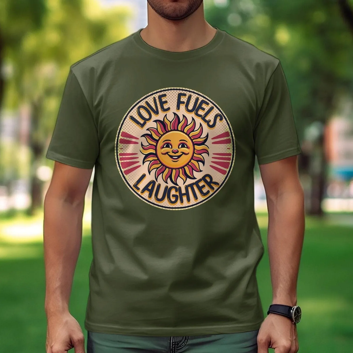 Retro Sun Smile Graphic Tee, Love Fuels Laughter Shirt, Unisex Vintage-Inspired T-Shirt Design