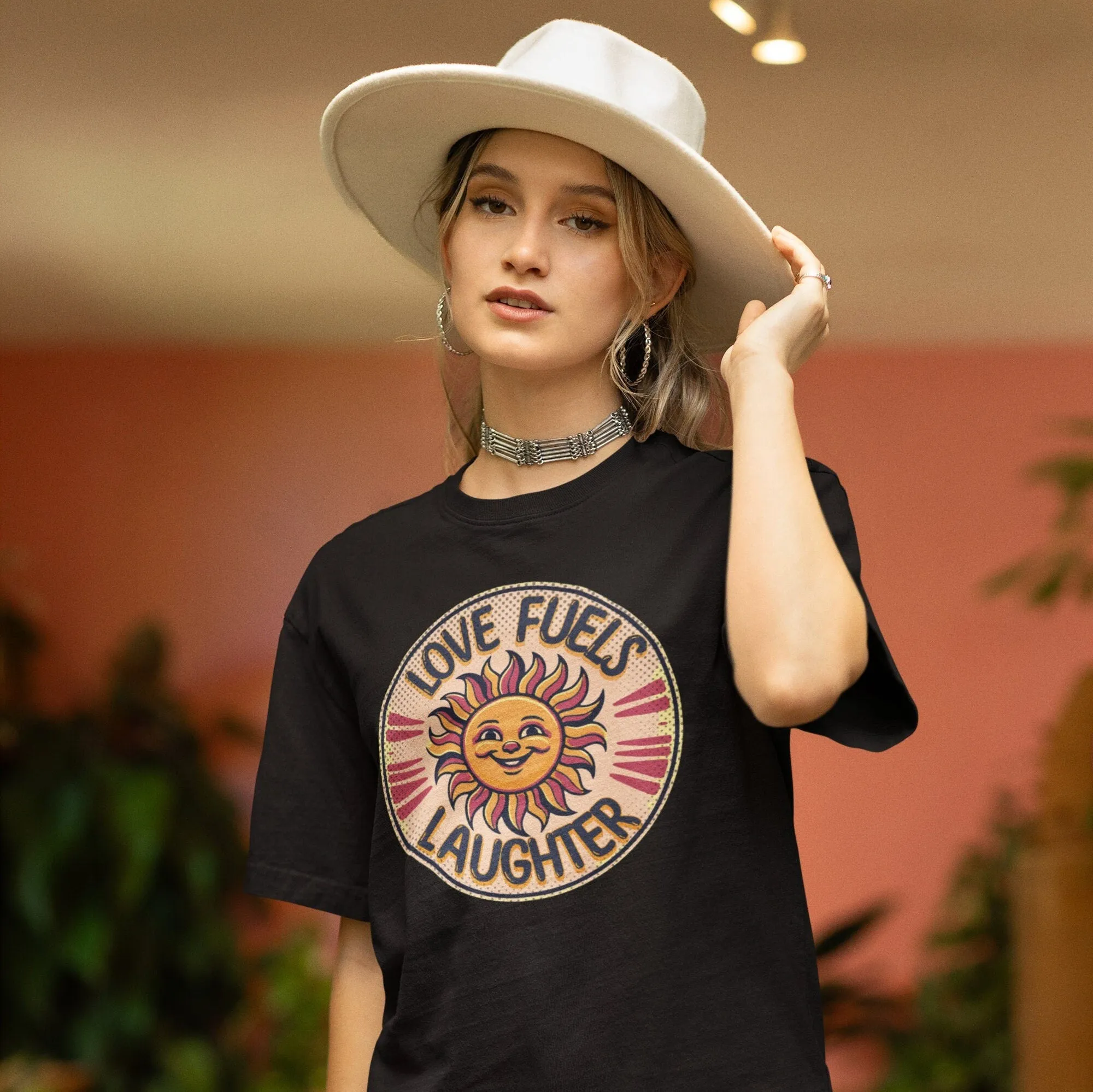Retro Sun Smile Graphic Tee, Love Fuels Laughter Shirt, Unisex Vintage-Inspired T-Shirt Design