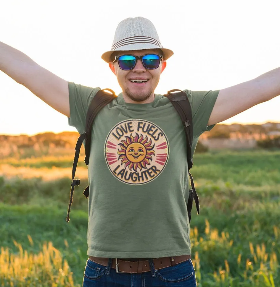 Retro Sun Smile Graphic Tee, Love Fuels Laughter Shirt, Unisex Vintage-Inspired T-Shirt Design