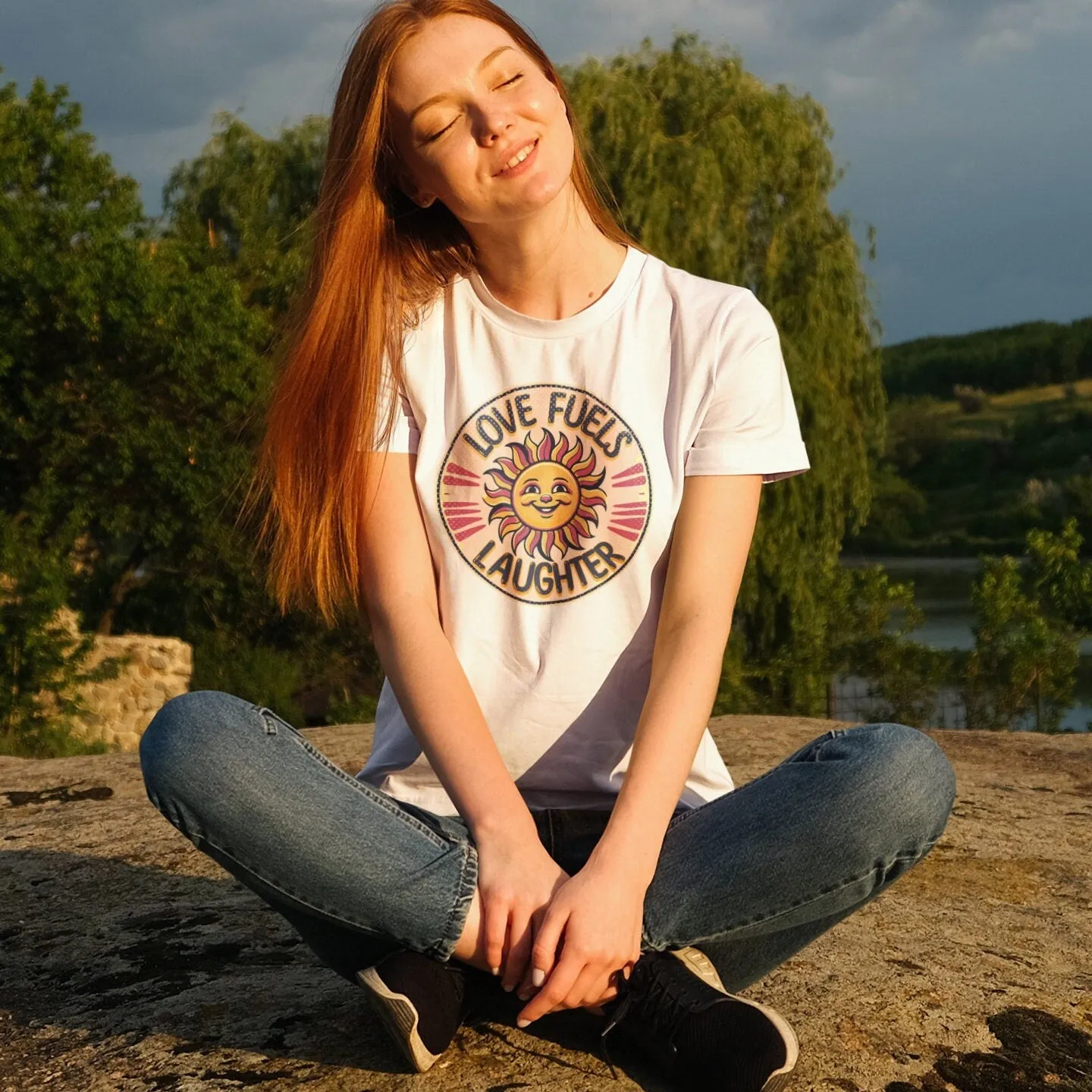 Retro Sun Smile Graphic Tee, Love Fuels Laughter Shirt, Unisex Vintage-Inspired T-Shirt Design