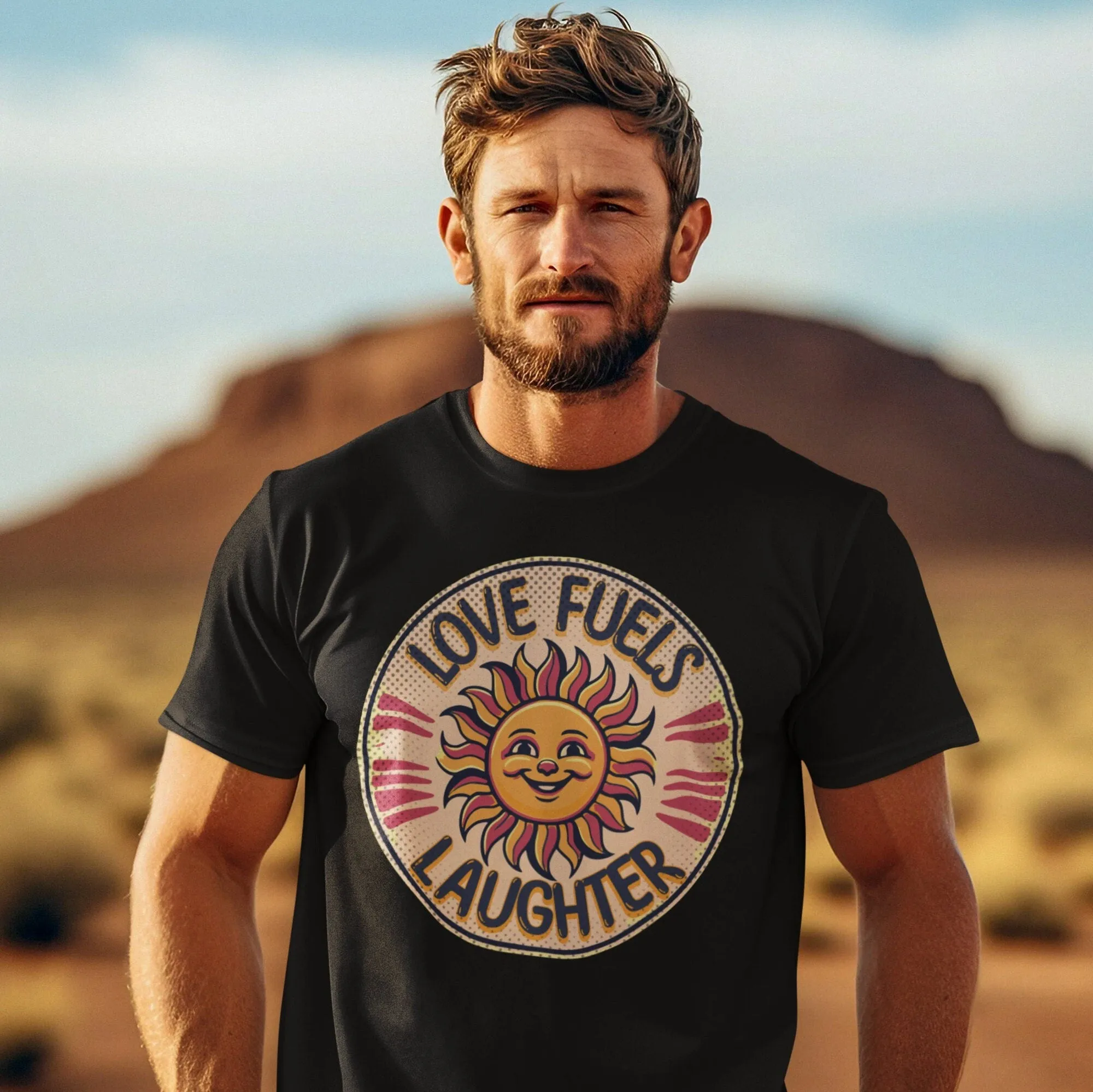 Retro Sun Smile Graphic Tee, Love Fuels Laughter Shirt, Unisex Vintage-Inspired T-Shirt Design